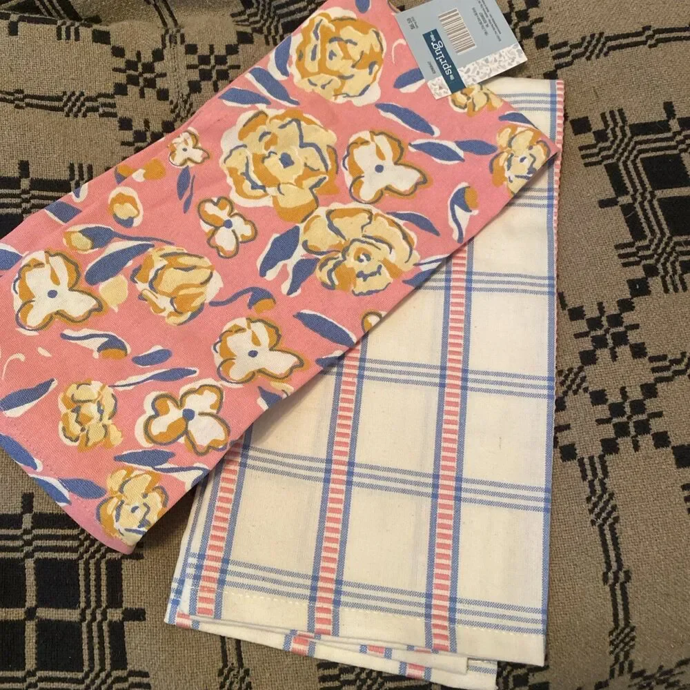 2pc Pink Blue Floral Stripe Spring Easter Kitchen Tea Towel Home Decor 19